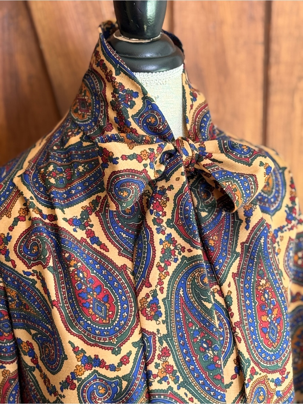 Vintage Paisley Tie-Neck Blouse by Vintage — Tan, Blue, Red - Picture 5 of 6
